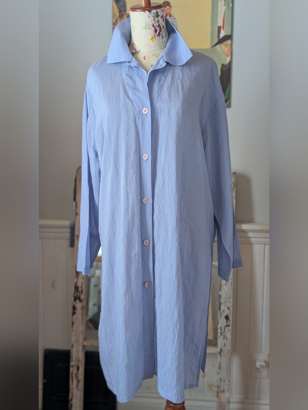 Linda Lundstrom Light Blue Silk  Button-Front Long Shirt Dress